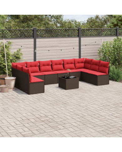 Salon de jardin et coussins 11 pcs marron résine tressée | Mobilier & Déco