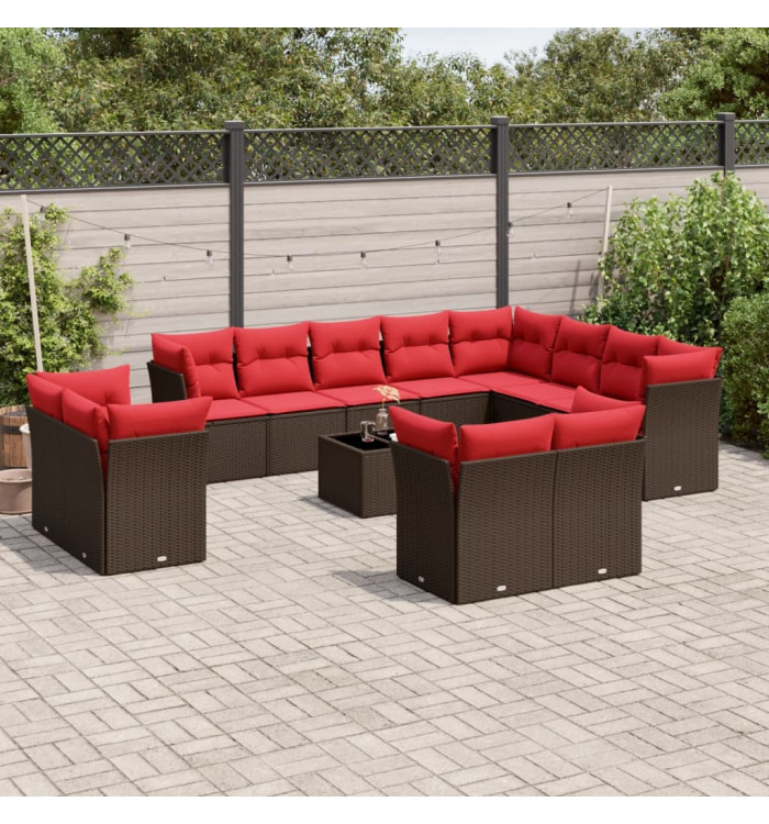 Salon de jardin avec coussins 13 pcs marron résine tressée | Mobilier & Déco