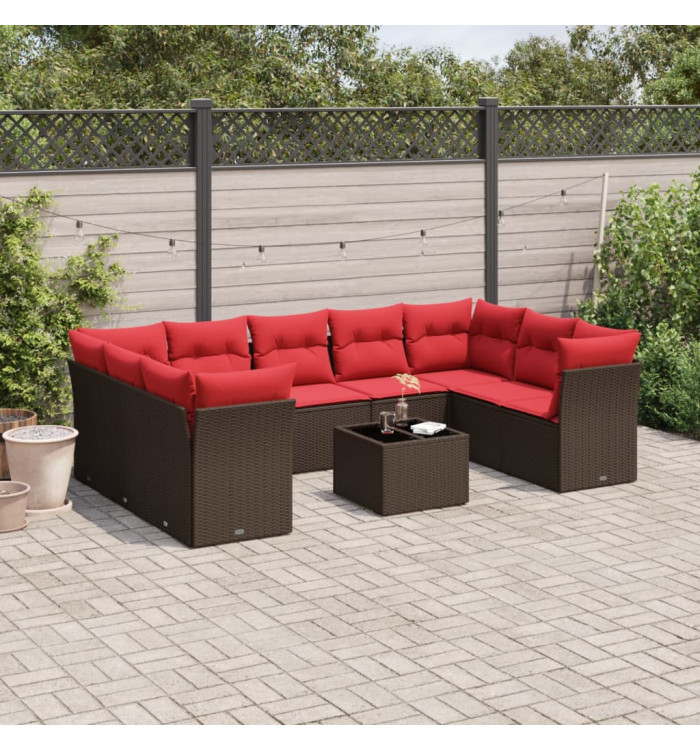 Salon de jardin 10 pcs avec coussins marron résine tressée | Mobilier & Déco