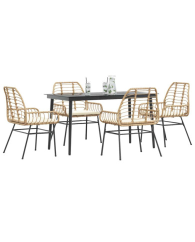 Ensemble à manger jardin coussins 5pcs marron poly rotin verre | Mobilier & Déco