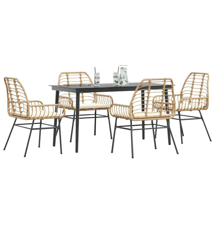 Ensemble à manger jardin coussins 5pcs marron poly rotin verre | Mobilier & Déco