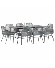 Ensemble à manger jardin coussins 9 pcs gris poly rotin verre | Mobilier & Déco