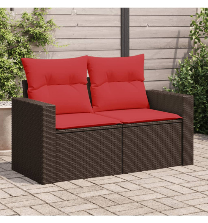 Canapé de jardin avec coussins 2 places marron résine tressée | Mobilier & Déco