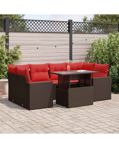 Salon de jardin avec coussins 7pcs marron résine tressée acacia | Mobilier & Déco