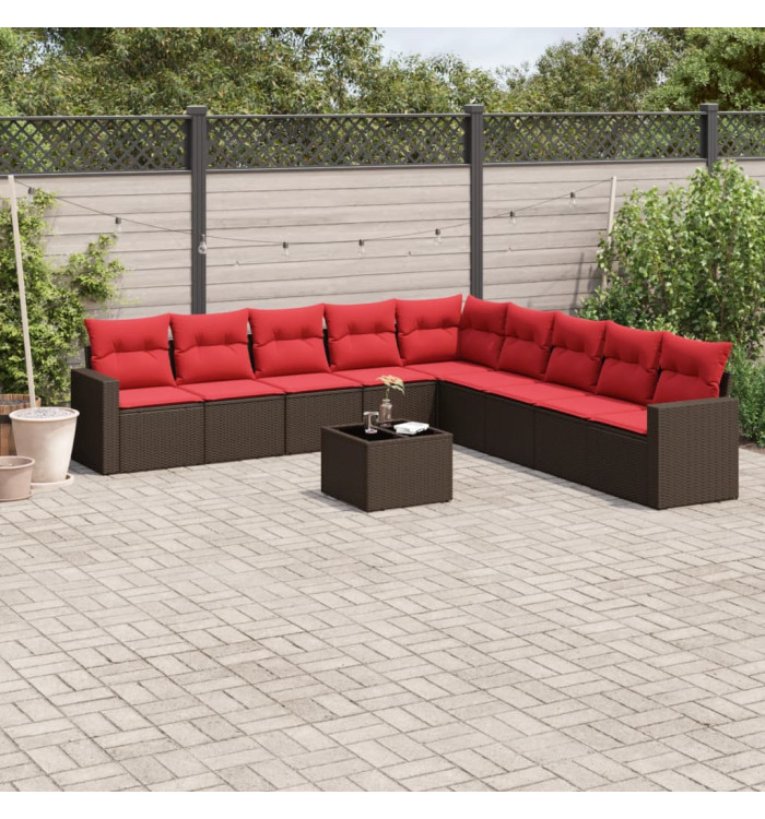 Salon de jardin 10 pcs avec coussins marron résine tressée | Mobilier & Déco