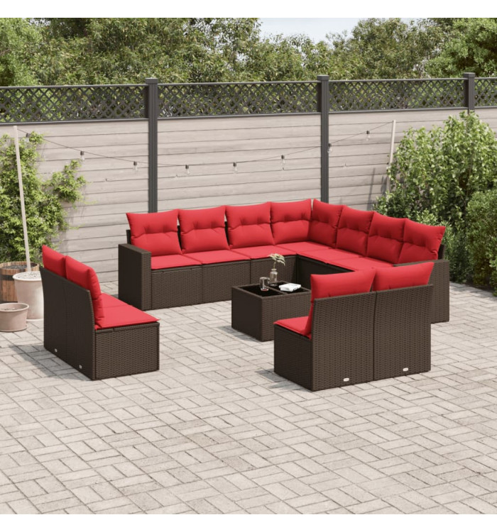 Salon de jardin avec coussins 12 pcs marron résine tressée | Mobilier & Déco