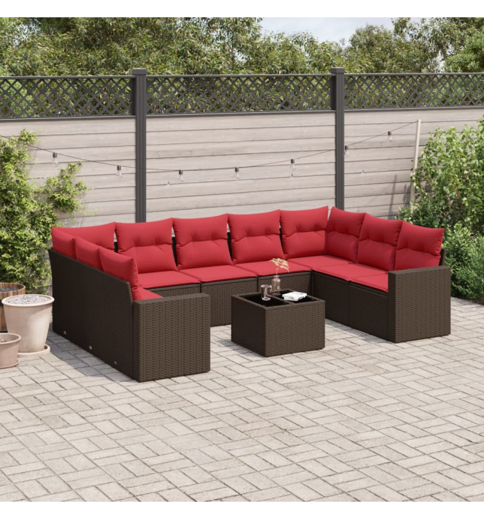 Salon de jardin 10 pcs avec coussins marron résine tressée | Mobilier & Déco