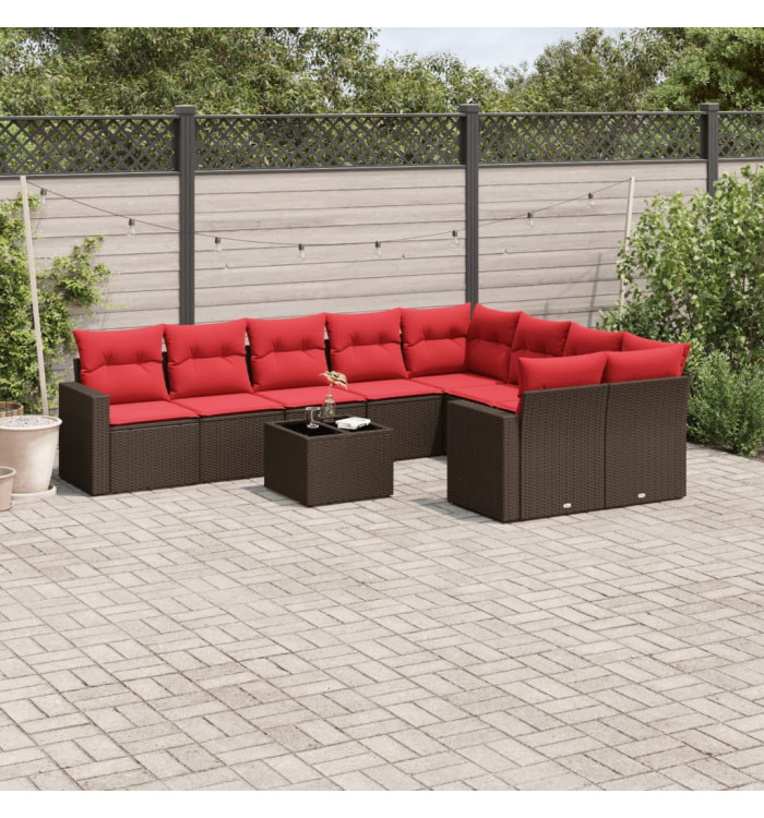 Salon de jardin 10 pcs avec coussins marron résine tressée | Mobilier & Déco