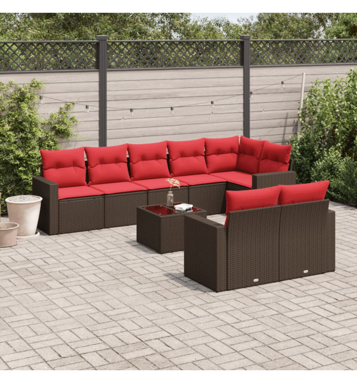 Salon de jardin avec coussins 9 pcs marron résine tressée | Mobilier & Déco
