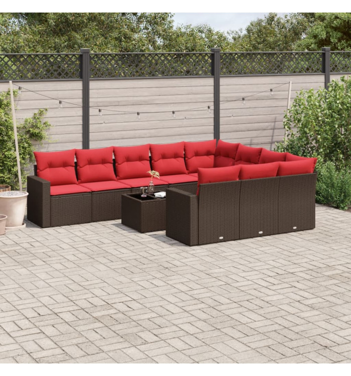 Salon de jardin et coussins 11 pcs marron résine tressée | Mobilier & Déco