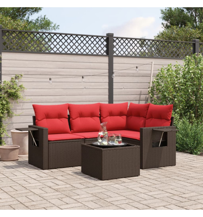 Salon de jardin avec coussins 5 pcs marron résine tressée | Mobilier & Déco