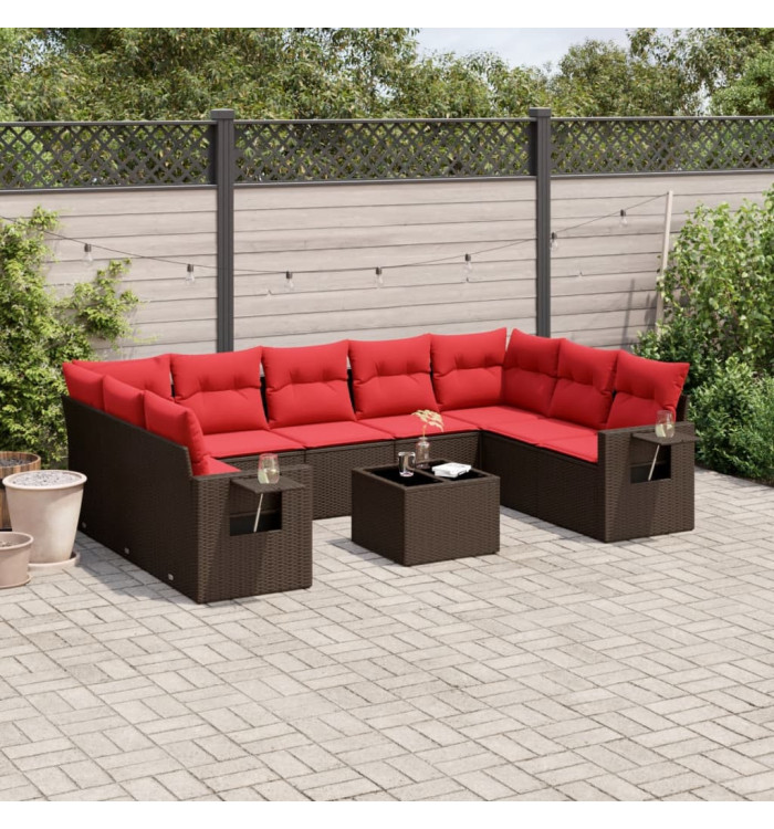 Salon de jardin 10 pcs avec coussins marron résine tressée | Mobilier & Déco