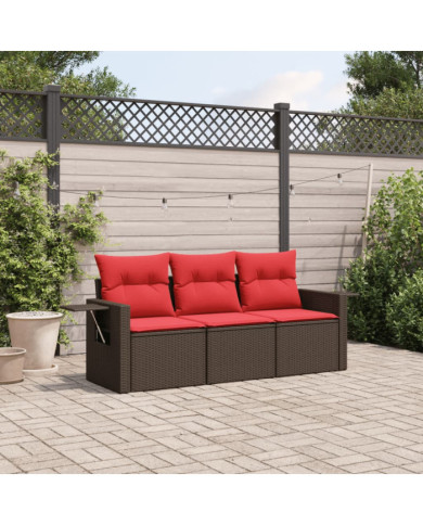 Salon de jardin avec coussins 3 pcs marron résine tressée | Mobilier & Déco