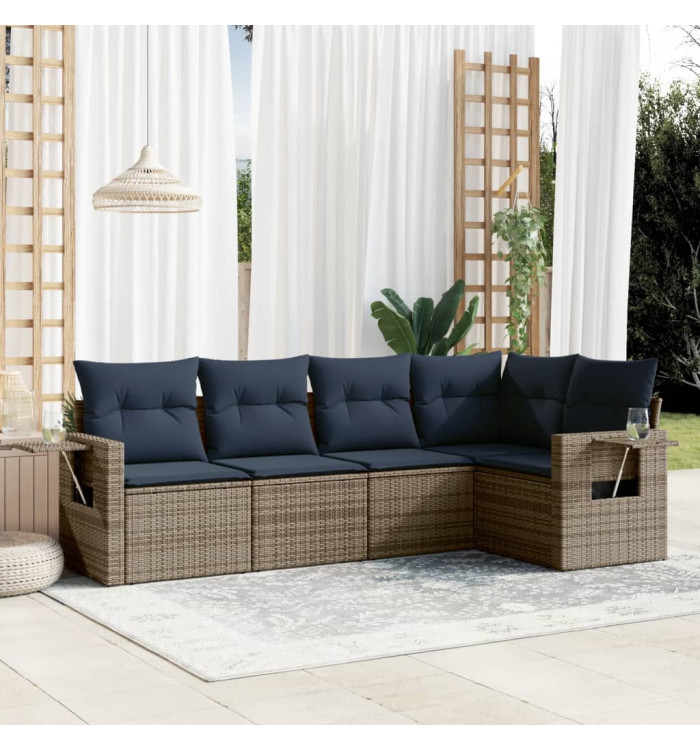 Salon de jardin 5 pcs avec coussins gris résine tressée | Mobilier & Déco