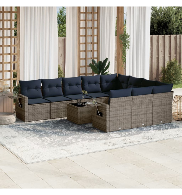 Salon de jardin 11 pcs avec coussins gris résine tressée | Mobilier & Déco