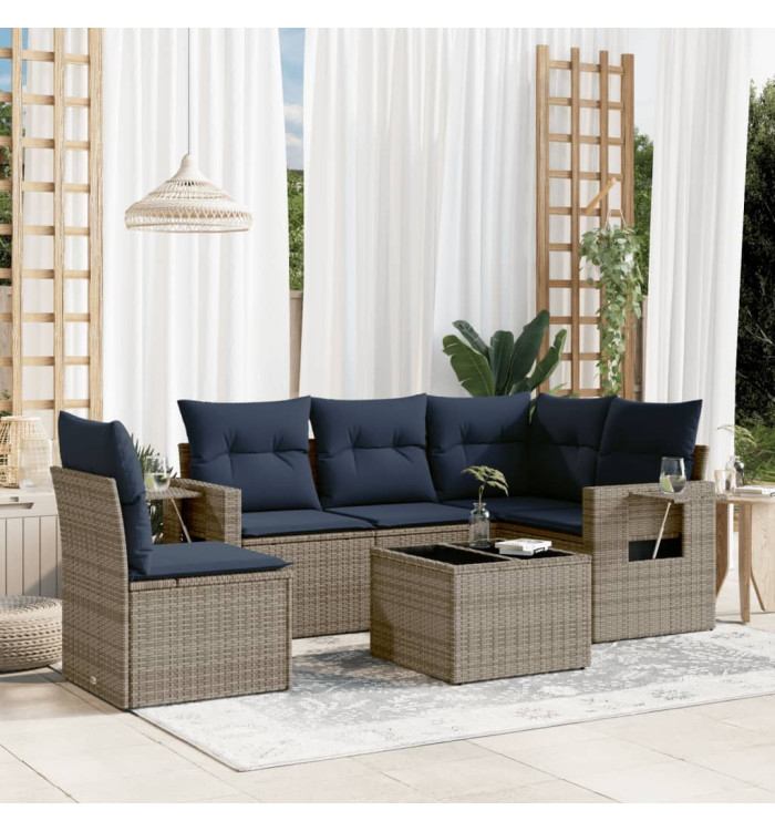 Salon de jardin 6 pcs avec coussins gris résine tressée | Mobilier & Déco