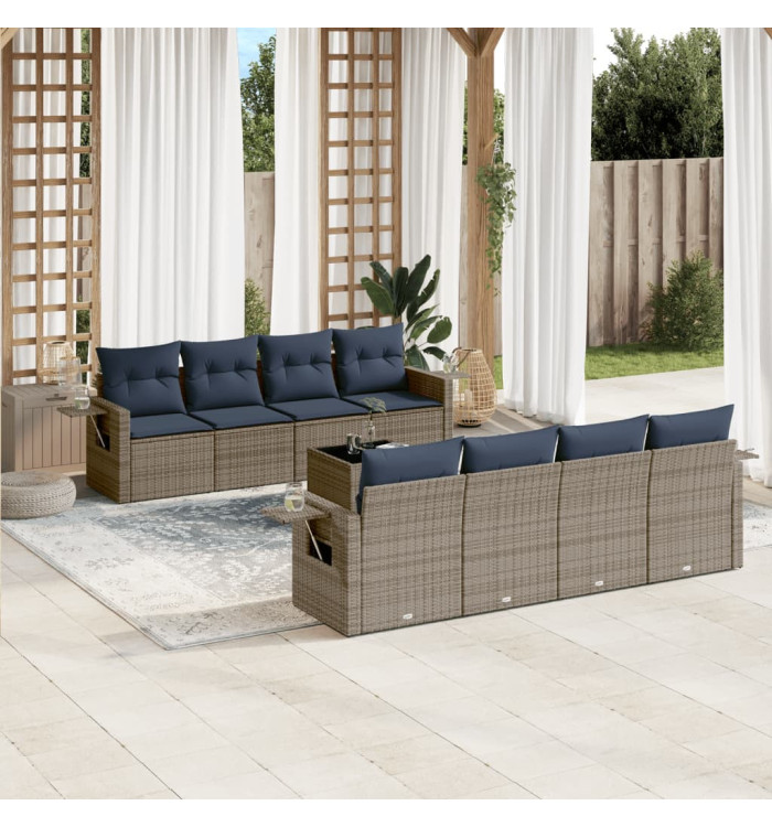 Salon de jardin 9 pcs avec coussins gris résine tressée | Mobilier & Déco