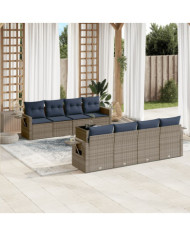 Salon de jardin 9 pcs avec coussins gris résine tressée | Mobilier & Déco
