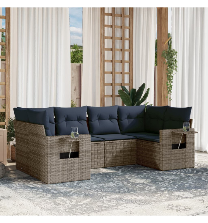 Salon de jardin 6 pcs avec coussins gris résine tressée | Mobilier & Déco