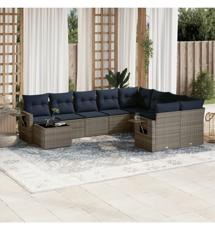 Salon de jardin 10 pcs avec coussins gris résine tressée | Mobilier & Déco