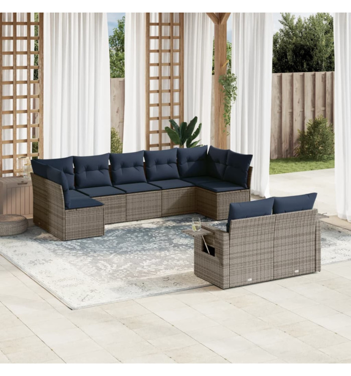 Salon de jardin 9 pcs avec coussins gris résine tressée | Mobilier & Déco