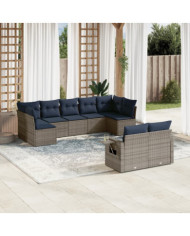 Salon de jardin 9 pcs avec coussins gris résine tressée | Mobilier & Déco