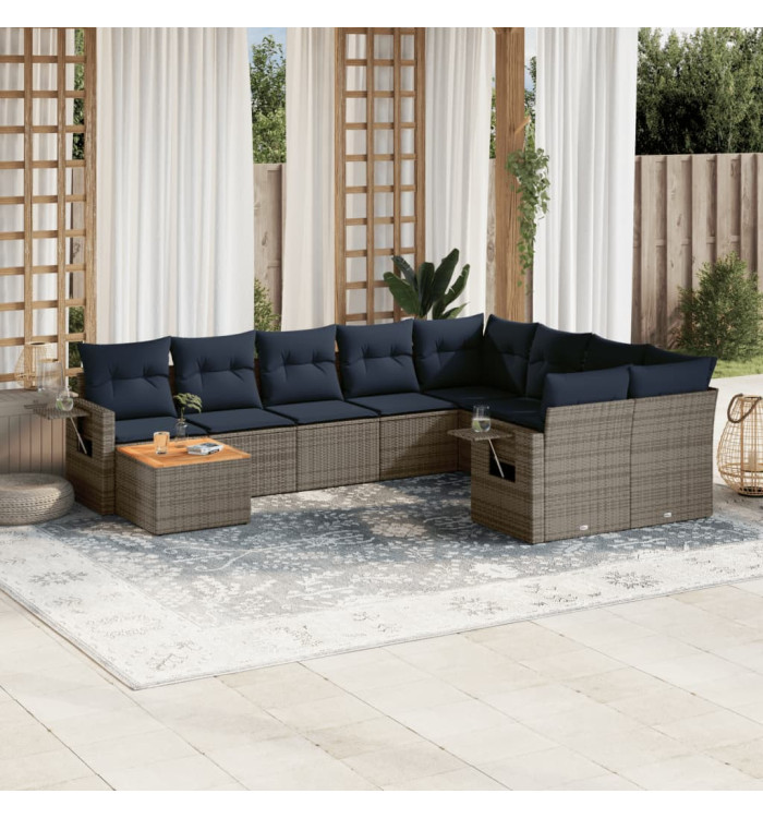Salon de jardin 10 pcs avec coussins gris résine tressée | Mobilier & Déco