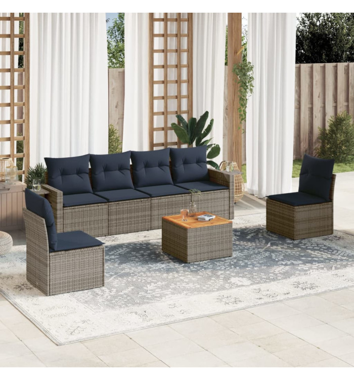 Salon de jardin 7 pcs avec coussins gris résine tressée | Mobilier & Déco