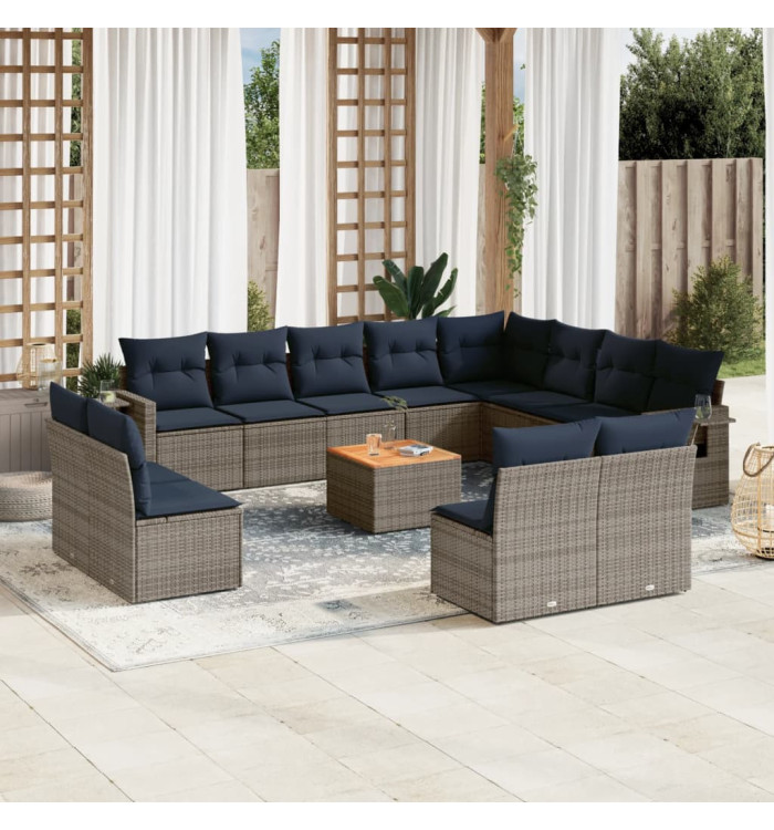 Salon de jardin avec coussins 13 pcs gris résine tressée | Mobilier & Déco