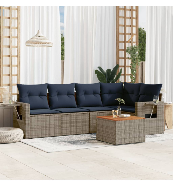 Salon de jardin 6 pcs avec coussins gris résine tressée | Mobilier & Déco