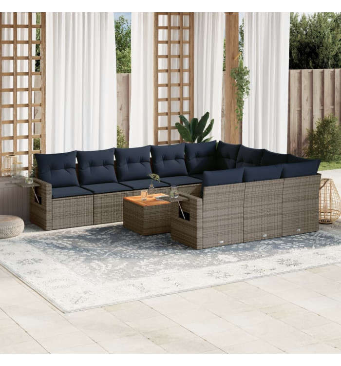 Salon de jardin 11 pcs avec coussins gris résine tressée | Mobilier & Déco