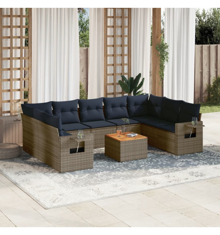 Salon de jardin 10 pcs avec coussins gris résine tressée | Mobilier & Déco