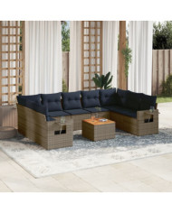 Salon de jardin 10 pcs avec coussins gris résine tressée | Mobilier & Déco