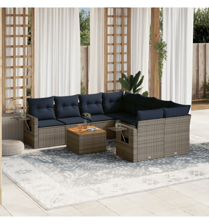 Salon de jardin 9 pcs avec coussins gris résine tressée | Mobilier & Déco