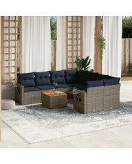 Salon de jardin 9 pcs avec coussins gris résine tressée | Mobilier & Déco