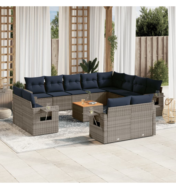 Salon de jardin avec coussins 13 pcs gris résine tressée | Mobilier & Déco