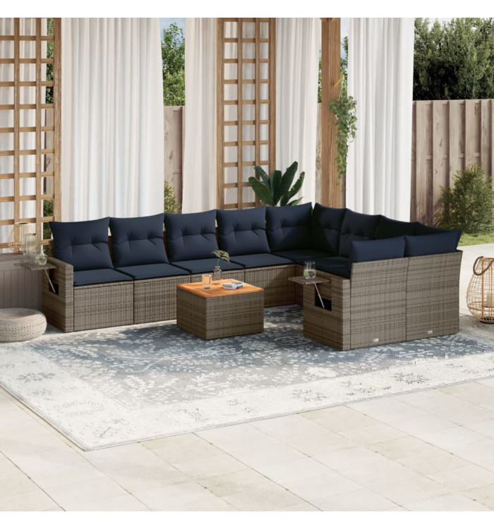 Salon de jardin 10 pcs avec coussins gris résine tressée | Mobilier & Déco
