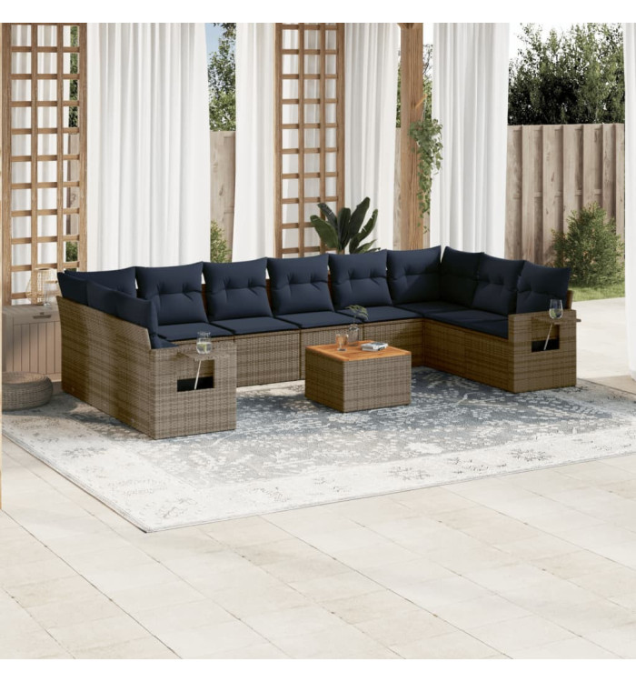 Salon de jardin 11 pcs avec coussins gris résine tressée | Mobilier & Déco