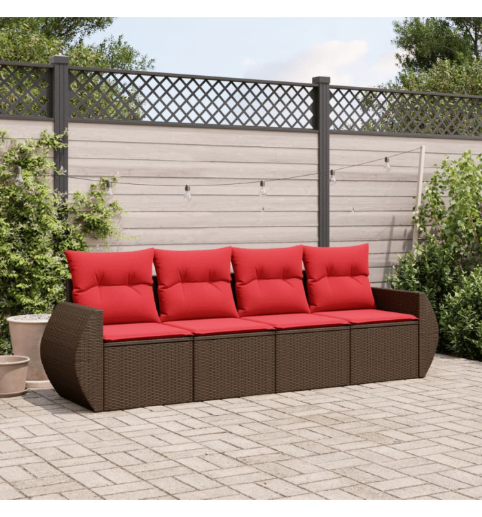 Salon de jardin 4 pcs avec coussins marron résine tressée | Mobilier & Déco