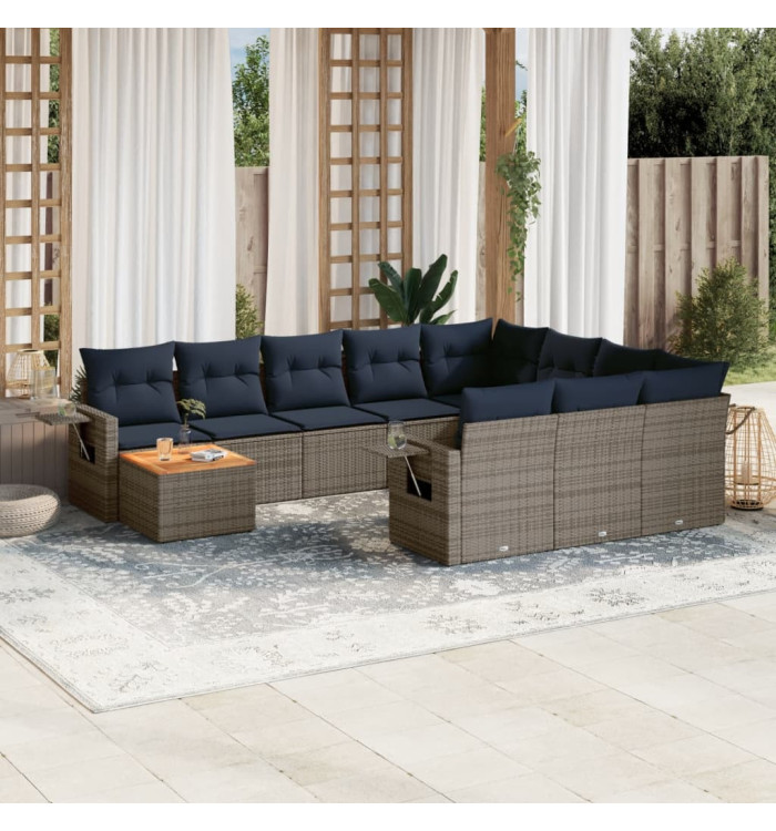 Salon de jardin 11 pcs avec coussins gris résine tressée | Mobilier & Déco