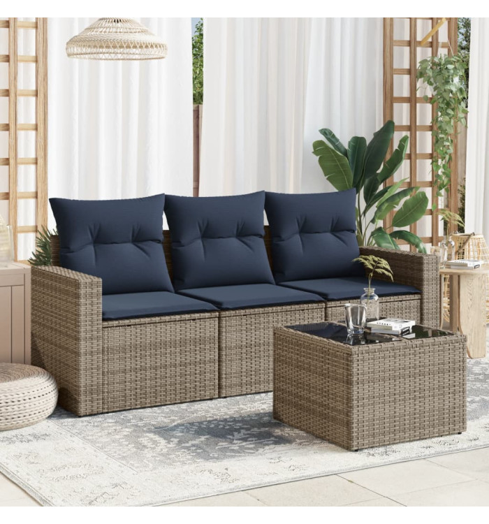 Salon de jardin 4 pcs avec coussins gris résine tressée | Mobilier & Déco