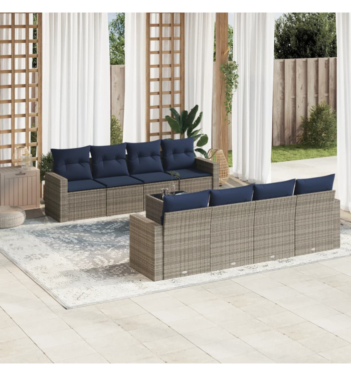 Salon de jardin 9 pcs avec coussins gris résine tressée | Mobilier & Déco