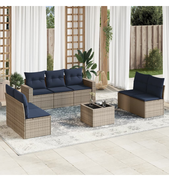 Salon de jardin 8 pcs avec coussins gris résine tressée | Mobilier & Déco