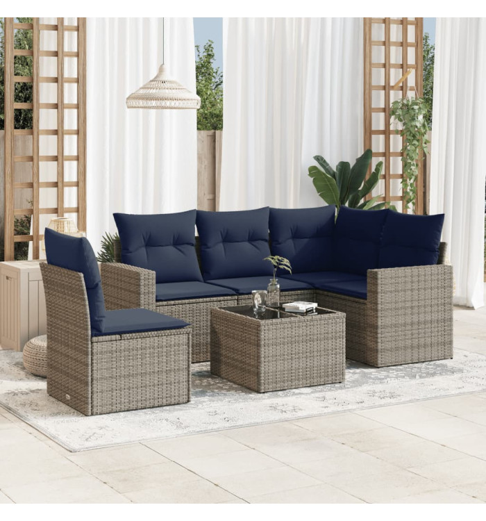 Salon de jardin 6 pcs avec coussins gris résine tressée | Mobilier & Déco