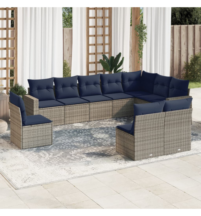 Salon de jardin 10 pcs avec coussins gris résine tressée | Mobilier & Déco