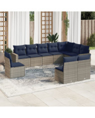 Salon de jardin 10 pcs avec coussins gris résine tressée | Mobilier & Déco