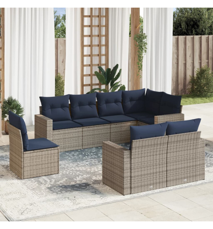 Salon de jardin 8 pcs avec coussins gris résine tressée | Mobilier & Déco