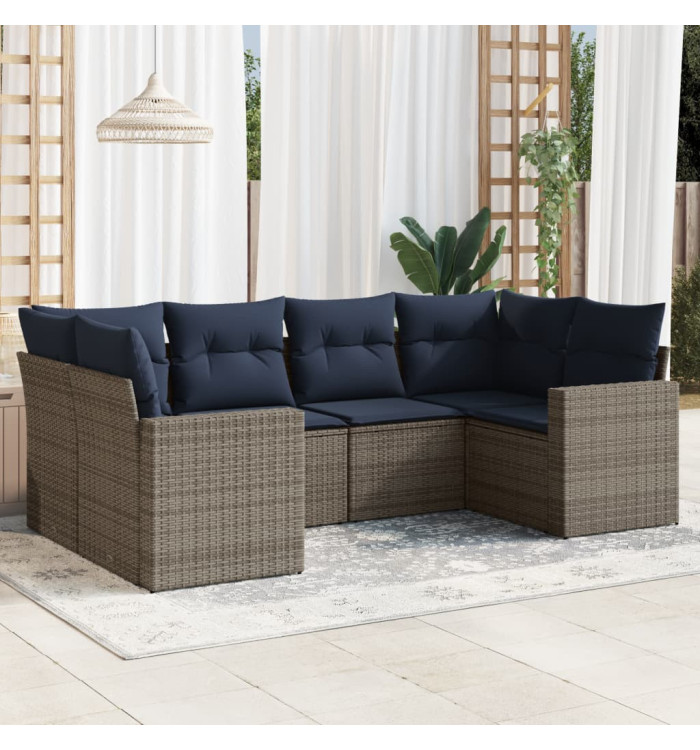 Salon de jardin 6 pcs avec coussins gris résine tressée | Mobilier & Déco