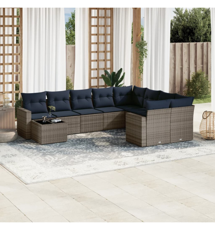 Salon de jardin 10 pcs avec coussins gris résine tressée | Mobilier & Déco