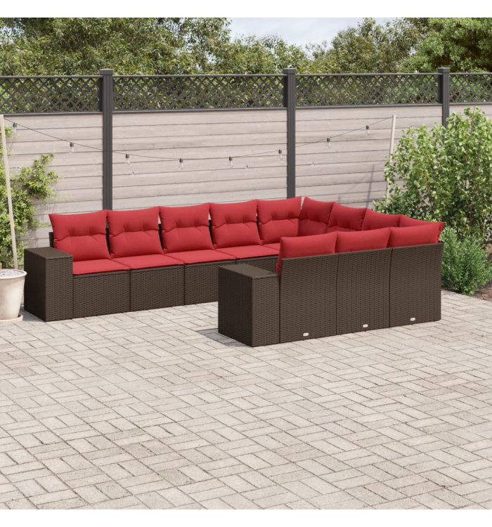 Salon de jardin 10 pcs avec coussins marron résine tressée | Mobilier & Déco
